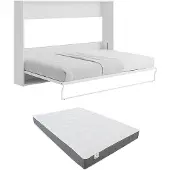 Vente-unique Versteckbett 140 x 200 cm - Manuelle horizontale Öffnung - Weiß und grau + Matratze - MALINA II