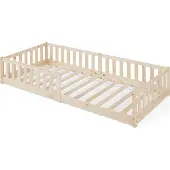 En.casa Kinderbett ’Tanna‘ Bodenbett 90 x 200 cm Montessori Bett mit Rausfallschutz Kiefernholz Natur