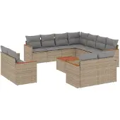 vidaXL 12-tlg. Garten-Sofagarnitur mit Kissen Beige Poly Rattan