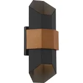 QUOIZEL Wandleuchte Chasm LED 9.5W IP44 Aluminium mattschwarz mit Holzeffektriemen, Glas B:17.2cm Ø17.2cm