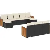 vidaXL 10-tlg. Garten-Sofagarnitur mit Kissen Schwarz Poly Rattan