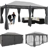 Mendler Pergola Cadiz, Pavillon, stabiles 7cm-Gestell 5x3m grau mit Seitenwand + Moskitonetz