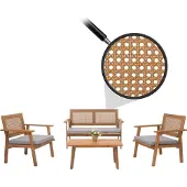Mendler Garten-Garnitur MCW-N46, Lounge-Set Gartenlounge Bank Sessel Tisch, Holz Akazie MVG- Kissen grau