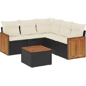 vidaXL 6-tlg. Garten-Sofagarnitur mit Kissen Schwarz Poly Rattan