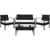 Mendler Poly-Rattan Garnitur MCW-F56, Balkon-/Garten-/Lounge-Set Sitzgruppe schwarz, Kissen creme
