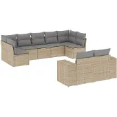 vidaXL 9-tlg. Garten-Sofagarnitur mit Kissen Beige Poly Rattan