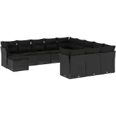 vidaXL 12-tlg. Garten-Sofagarnitur mit Kissen Schwarz Poly Rattan