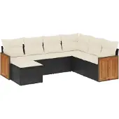 vidaXL 7-tlg. Garten-Sofagarnitur mit Kissen Schwarz Poly Rattan
