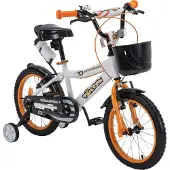 Actionbikes Motors Actionbikes Kinderfahrrad Timson 16 Zoll | Kinder Fahrrad - V-Brake Bremsen - Kettenschutz - Fahrradständer - Fahrradkorb - 4-7 Jahre (Orange/Weiß)