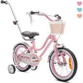 Sun baby Heart Bike Kinderfahrrad für Mädchen 14 Zoll, ab 3 Jahre, mit Stützrädern, abnehmbarer Schubstange, Korb, Klingel, Rücktrittbremse & V-Brake