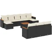 vidaXL 11-tlg. Garten-Sofagarnitur mit Kissen Schwarz Poly Rattan