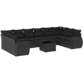 vidaXL 11-tlg. Garten-Sofagarnitur mit Kissen Schwarz Poly Rattan