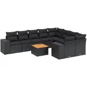 vidaXL 10-tlg. Garten-Sofagarnitur mit Kissen Schwarz Poly Rattan