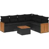 vidaXL 7-tlg. Garten-Sofagarnitur mit Kissen Schwarz Poly Rattan