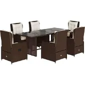 vidaXL 7-tlg. Garten-Essgruppe mit Kissen Braun Poly Rattan