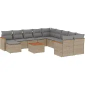 vidaXL 12-tlg. Garten-Sofagarnitur mit Kissen Beige Poly Rattan