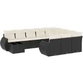 vidaXL 11-tlg. Garten-Sofagarnitur mit Kissen Schwarz Poly Rattan