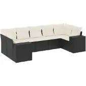 vidaXL 7-tlg. Garten-Sofagarnitur mit Kissen Schwarz Poly Rattan