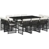 vidaXL 11-tlg. Garten-Essgruppe mit Kissen Schwarz Poly Rattan
