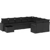 vidaXL 10-tlg. Garten-Sofagarnitur mit Kissen Schwarz Poly Rattan