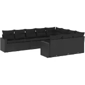 vidaXL 10-tlg. Garten-Sofagarnitur mit Kissen Schwarz Poly Rattan