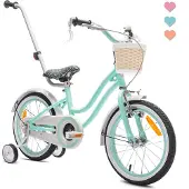 Sun baby Heart Bike Kinderfahrrad für Mädchen 16 Zoll, ab 4 Jahre, mit Stützrädern, abnehmbarer Schubstange, Korb, Klingel, Rücktrittbremse & V-Brake
