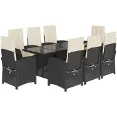 vidaXL 9-tlg. Garten-Essgruppe mit Kissen Schwarz Poly Rattan