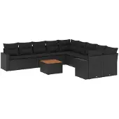 vidaXL 11-tlg. Garten-Sofagarnitur mit Kissen Schwarz Poly Rattan