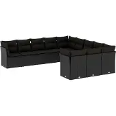 vidaXL 11-tlg. Garten-Sofagarnitur mit Kissen Schwarz Poly Rattan