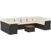 vidaXL 11-tlg. Garten-Sofagarnitur mit Kissen Schwarz Poly Rattan