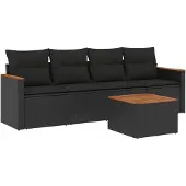 vidaXL 5-tlg. Garten-Sofagarnitur mit Kissen Schwarz Poly Rattan