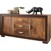 Wohnling Design Sideboard Sheesham Massivholz mit Kunstleder 160x44x80 cm Anrichte im rustikalen Landhausstil Kommode mit Schubladen & Türen