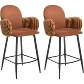 Beliani Barstuhl 2er Set Braun Stoff mit Armlehnen aus Samt Gepolstert Rundes Design Eleganter Moderner Stil Barhocker für Theke Esszimmer Küche