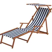 Erst-Holz Liegestuhl blau-weiß Gartenliege Deckchair Buche dunkel Fußablage Sonnendach Kissen 10-317FSKH