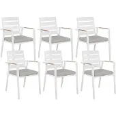 Beliani Gartenstuhl 6er Set Weiß Aluminium mit Sitzkissen Grau Stoff Armlehnen Holzoptik Stapelbar Modern Outdoor Indoor Terrasse Balkon Ausstattung