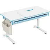 En.casa Höhenverstellbarer Kinderschreibtisch 'Kuosa' mit Schublade und Tasche Stahl 120 x 60 cm Blau / Weiß