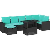 vidaXL 8-teiliges Gartensofa-Set mit Kissen, schwarzes Polyrattan