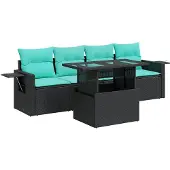 vidaXL 5-tlg. Garten-Sofagarnitur mit Kissen Schwarz Poly Rattan Akazie