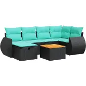 vidaXL 7-tlg. Garten-Sofagarnitur mit Kissen Schwarz Poly Rattan