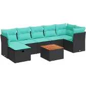 vidaXL 8-teiliges Gartensofa-Set mit Kissen, schwarzes Polyrattan