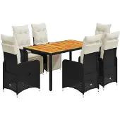 vidaXL 7-tlg. Garten-Bistro-Set mit Kissen Schwarz Poly Rattan