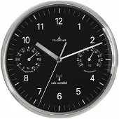 Dugena Funk-Wanduhr, Quarzwerk, mit Thermo- und Hygrometer, Edelstahl, Schwarz