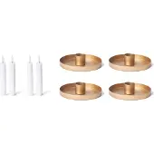 Novaliv 4er-Set Stabkerzenhalter Durchmesser 14cm Dekoschale GOLD rund Metall mit LED-Echtwachskerze