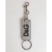 Dolce&Gabbana Grauer Leder-Logo-Metallring-Schlüsselanhänger für Männer