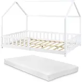 En.casa Hausbett ‘Hesel’ für Kinder mit Matratze Rausfallschutz Lattenrost 140 x 200 cm Weiß