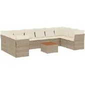 vidaXL 11-tlg. Garten-Sofagarnitur mit Kissen Beige Poly Rattan