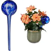 Relaxdays Bewässerungskugel 2er Set, dosierte Pflanzen Bewässerung, Blumentopf, Gießhilfe Büro, Urlaub, Glas Ø 9cm, blau