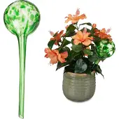 Relaxdays Bewässerungskugel 2er Set, dosierte Pflanzen Bewässerung, Blumentopf, Gießhilfe Büro, Urlaub, Glas Ø 9cm, grün