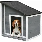 Relaxdays Hundehütte, Holz, wetterfest, klappbares Schrägdach, Hundehaus für kleine Hunde, HBT: 77x71x58 cm, grau/weiß