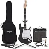 Gear4Music LA E-Gitarre Schwarz im Bundle mit 15-Watt-Verstärker und Zubehör-Komplettset